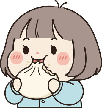 Cute cartoon girl biting dumpling profile icon vector illustration