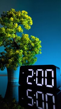 Modern digital alarm clock changing from 1:59 to 2:00 AM with reflection on dark blue background