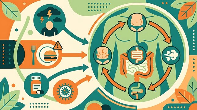 Medical infographic showing gut health factors and digestive symptoms