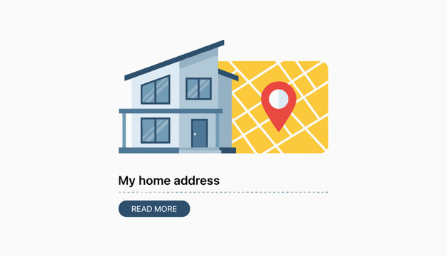 Modern house illustration next to a map grid with a red location pin and a read more button.