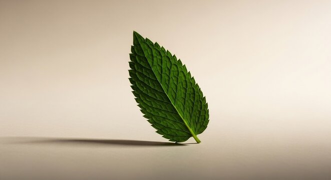 A single fresh green mint leaf standing upright on a beige background.