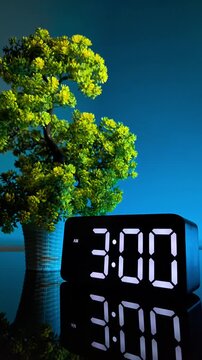 Modern digital alarm clock changing from 2:59 to 3:00 AM with reflection on dark blue background