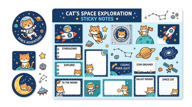 Cute Cat Astronauts in Space Exploration Themed Sticky Notes and Stickers