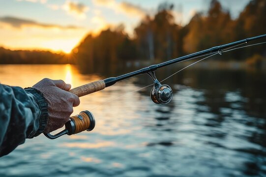 Hand gripping a fishing rod and reel over rippling lake water at golden sunset by a tree-lined shore, calm peaceful anticipation