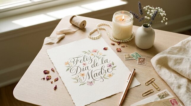 Elegant Floral Hand Lettering Feliz D&iacute;a de la Madre on Textured Paper with Calligraphy Pen and Wooden Desk Flat Lay