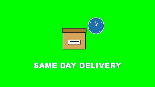4K green screen SAME DAY DELIVERY animated title - a parcel with a fast clock badge, kinetic typography motion graphics intro overlay, chroma key