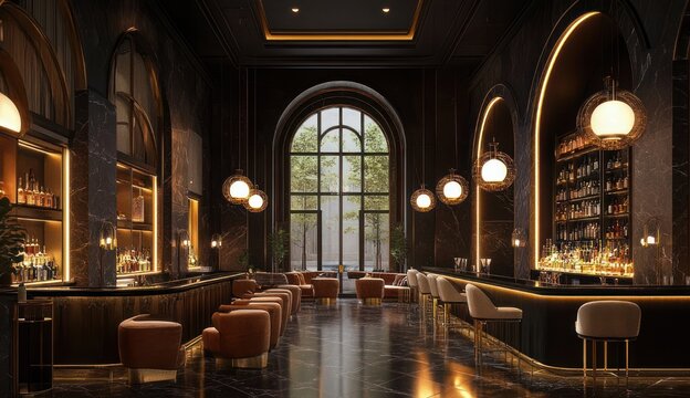 luxurious dark marble bar and lounge with tall arched window, glowing globe pendant lights, plush leather chairs and stools, backlit bottle shelves, polished reflective floor, warm intimate atmosphere