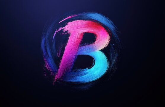 vibrant neon brushstroke letter b within a swirling circular paint stroke on a dark background, energetic and dynamic
