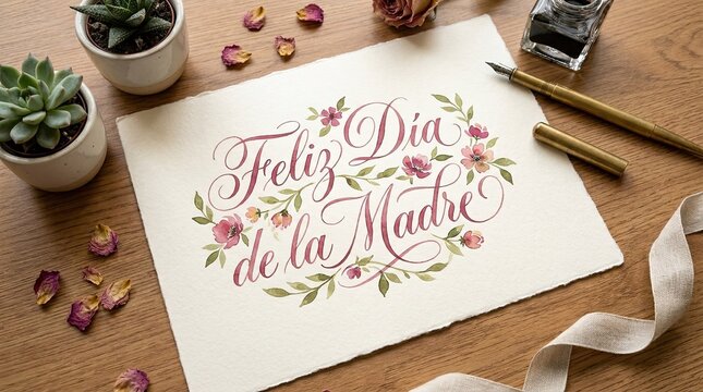 Elegant Floral Hand Lettering Feliz D&iacute;a de la Madre on Textured Paper with Calligraphy Pen and Wooden Desk Flat Lay