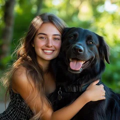 young woman with long hair hugging a large black dog in a sunlit green park, tender affectionate moment of companionship © Rgrd