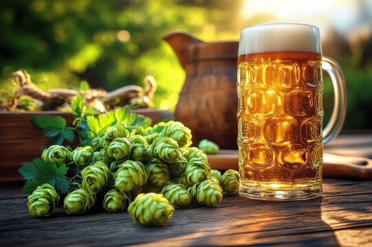 Golden beer in a frosty glass mug with fresh green hop cones and a ceramic pitcher on a rustic wooden table, warm sunlight, inviting and refreshing outdoor scene