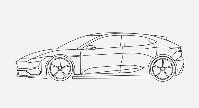Modern electric car side view outline, clean linear architectural visualization vector illustration