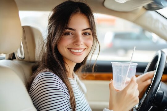young woman seated in driver's seat of a car holding a clear plastic cup with a straw, wearing a striped top and appearing relaxed in a beige car interior