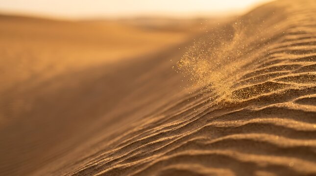 Sand blowing off a golden desert dune ridge during sunset