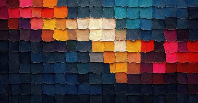 vibrant textured paint mosaic of colorful square swatches with a warm glowing center and cool blue edges, energetic abstract composition