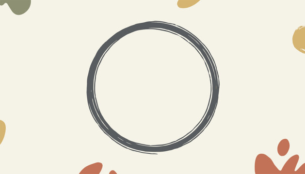 Blank grey brush stroke circle over a light background with abstract earthy colored leaf shapes.