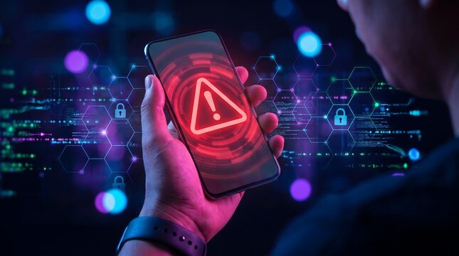 Hand holding smartphone showing warning hazard triangle icon with digital network nodes and security locks in dark blue background for mobile cybersecurity threat protection
