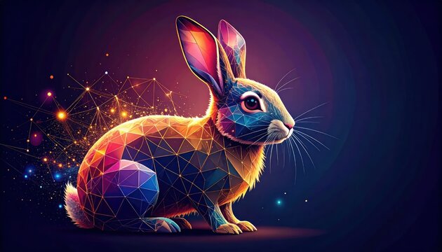 Colorful geometric rabbit artwork glowing with neon polygonal facets sitting calmly in a futuristic digital network setting