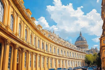 Obraz premium curving row of warm yellow neoclassical buildings with columns and many windows leading to a distant domed cathedral under a bright blue sky, evoking majestic sunny calm