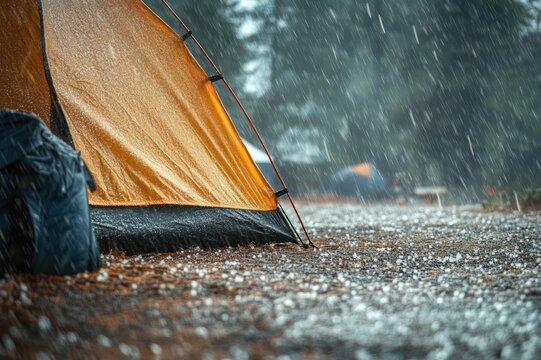 close-up of an orange camping tent on wet forest ground in heavy rain with puddles, blurred campsite and picnic table in the background, evoking solitude and resilient mood