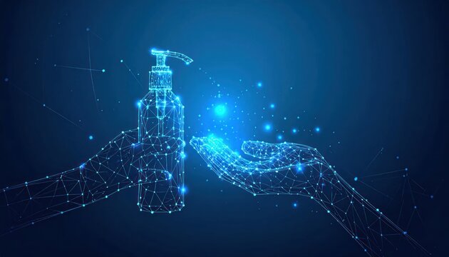 Digital blue wireframe hands receiving glowing hand sanitizer from a pump dispenser symbolizing hygiene health and advanced protection technology