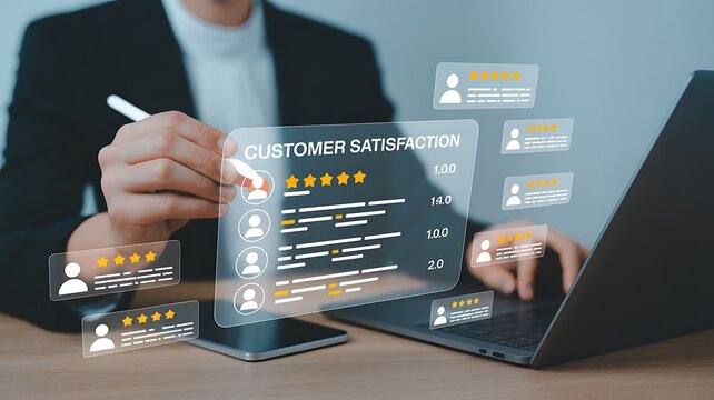 Person evaluating customer satisfaction survey on laptop and tablet at office desk