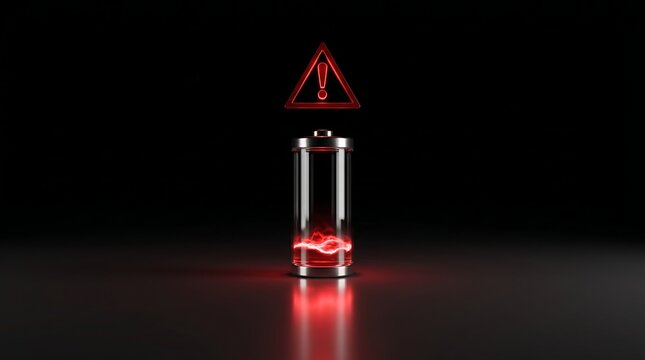 Glass battery cylinder with glowing red liquid inside and warning triangle symbol floating above on dark background representing low energy or critical power failure status