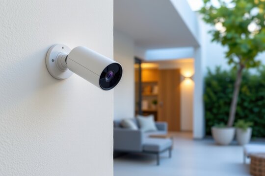 Modern security camera mounted on a white wall overlooking a stylish outdoor living space.