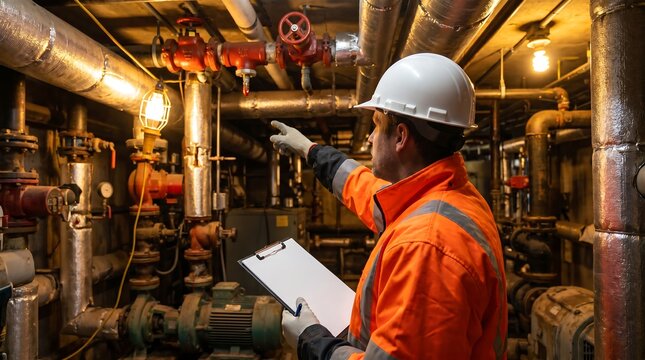 Industrial inspector in hard hat and high visibility jacket pointing at pipes in basement mechanical room while holding clipboard for safety assessment and facility maintenance check