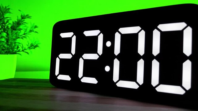Close up of Digital LED Clock Changing Time from 21:59 to 22:00 on Green Background