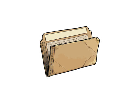 Worn Brown Document Preservation Folder With Extended Tab Holding Yellowed Papers With Handwritten Script And Reinforced Spine Vector Illustration