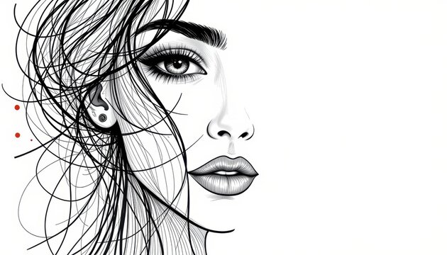 Black and white sketch of a woman's face with flowing hair and detailed facial features.