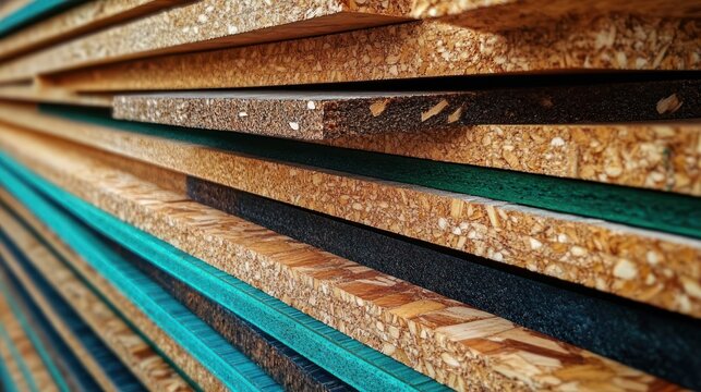 stacked engineered wood panels with textured chipboard faces and colored edges, orderly satisfying industrial close-up