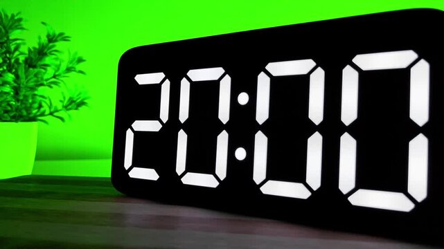 Close up of Digital LED Clock Changing Time from 19:59 to 20:00 on Green Background