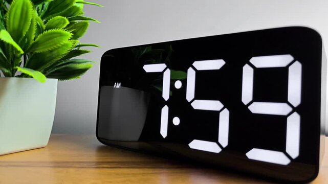 Close up of Digital LED Alarm Clock Changing Time from 7:59 AM to 8:00 AM