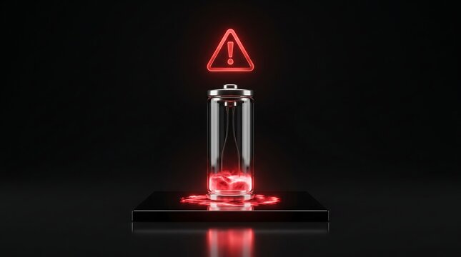 Single glass cylindrical battery glowing with intense red light and warning triangle icon floating above representing dangerous overheating or critical energy failure concept