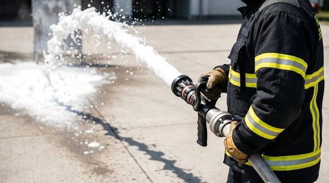 Professional firefighter in full protective gear aiming high pressure nozzle to spray fire extinguishing foam on ground during emergency response training exercise outdoors