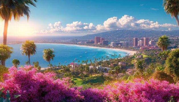 sunlit tropical bay with pink bougainvillea, palm trees and sandy beach, azure water dotted with boats, city skyline and distant mountains under a serene luminous sky