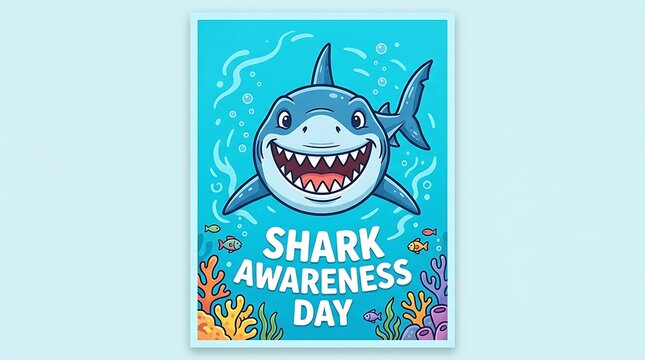 Shark awareness day poster with cartoon shark and coral reef background