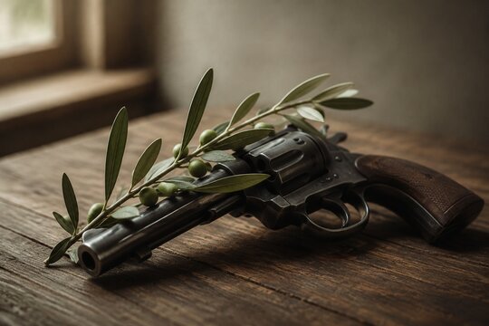 Olive branch resting across the barrel of a single revolver.