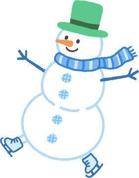 Cute cartoon snowman ice skating wearing green top hat and blue scarf vector illustration