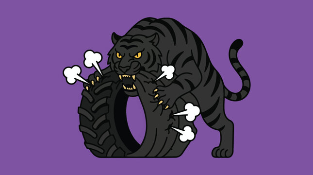 Illustration of a fierce black panther with glowing eyes and aggressive stance on a purple background.