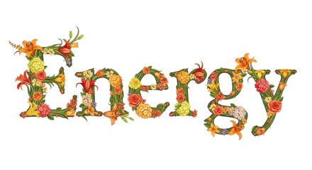 Naklejka premium Word Energy written in vibrant floral typography with colorful flowers and green leaves isolated on white background