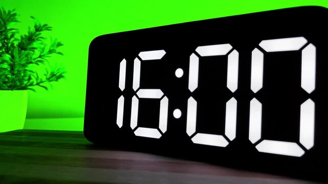 Close up of Digital LED Clock Changing Time from 15:59 to 16:00 on Green Background