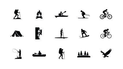 Obraz premium Minimalist black silhouette icons showcasing diverse outdoor adventure activities and nature elements in flat vector style