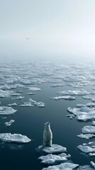 Naklejka premium Polar Bear Standing on Ice Floe in Misty Arctic Sea with Distant Bird