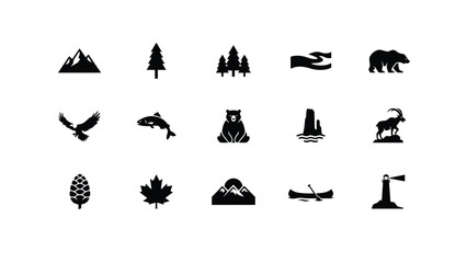 Obraz premium Modern black and white flat iconset showcasing wilderness wildlife nature symbols and outdoor adventure elements for branding
