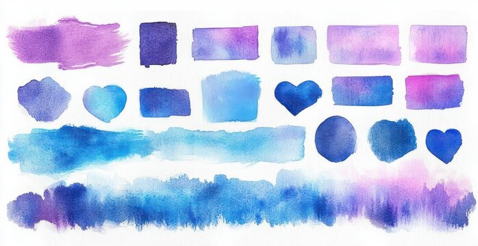 assorted blue, purple and pink watercolor swatches and washes: hearts, circles, squares, rectangles, long horizontal strips and textured edges conveying calm playful creativity