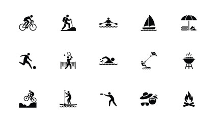 Fototapeta premium Minimalist flat icons set showcasing diverse outdoor activities and leisure pursuits for modern design projects