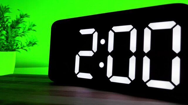 Close up of Digital LED Clock Changing Time from 1:59 to 2:00 on Green Background